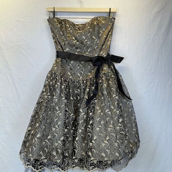 Jessica McClintock Gold Black Tulle Lace Strapless Party Prom Mini Dress Size 4 - Picture 1 of 12
